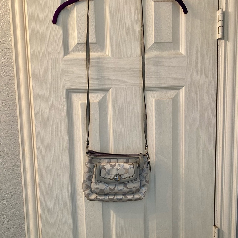 Coach crossbody light gray and silver canvas and leather bag Y2K monogram print